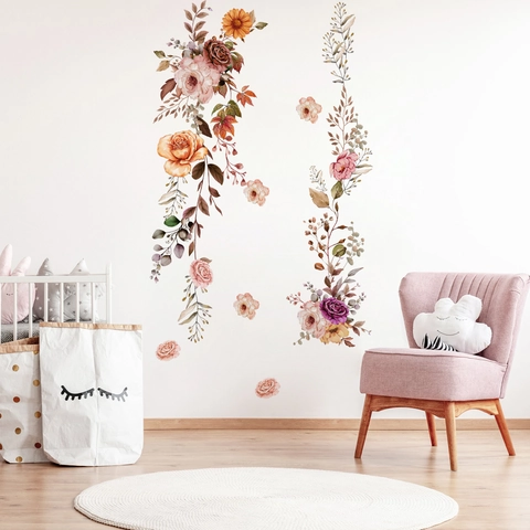 Pegatinas De Pared Acuarela Flor Vid PVC Auto Adhesivo Extraíble Floral Rosa Calcomanías Para Sala Dormitorio Baño Decoración