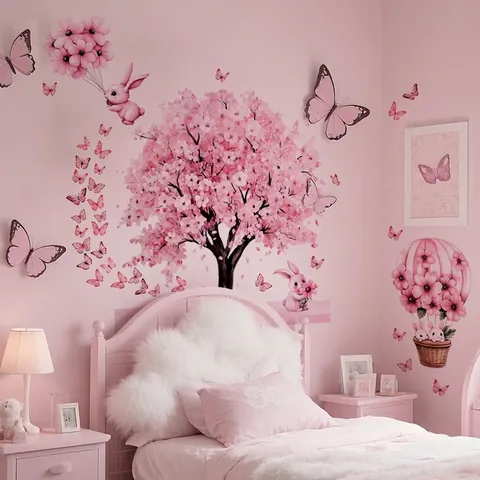 Pink Kirschblütenbaum Hase Schmetterling Wandaufkleber PVC Selbstklebend Wasserdicht Abnehmbar Für Kinderzimmer Schlafzimmer