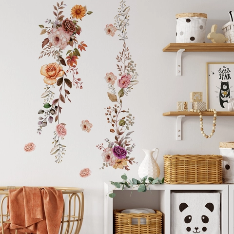 Pegatinas De Pared Acuarela Flor Vid PVC Auto Adhesivo Extraíble Floral Rosa Calcomanías Para Sala Dormitorio Baño Decoración