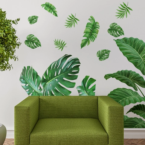 Adesivi Murali con Foglie di Palma e Monstera Tropicale Verde Dipinti a Mano in PVC Autoadesivi per Soggiorno Camera da Letto