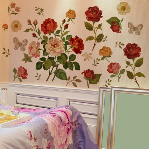 Vintage Rose Flower Butterfly Wall Stickers PVC Self Adhesive Floral Decal For Living Room Bedroom Bathroom Home Decor
