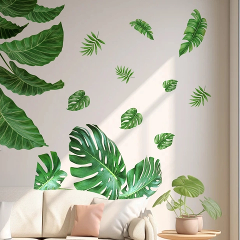 Adesivi Murali con Foglie di Palma e Monstera Tropicale Verde Dipinti a Mano in PVC Autoadesivi per Soggiorno Camera da Letto