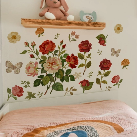 Vintage Rose Flower Butterfly Wall Stickers PVC Self Adhesive Floral Decal For Living Room Bedroom Bathroom Home Decor