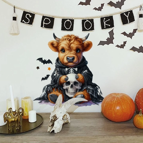 Halloween Hochlandrind Wandaufkleber PVC Selbstklebend Skelett Kostüm Rind Mit Schädel Dekor Für Wohnzimmer Badezimmer Wand