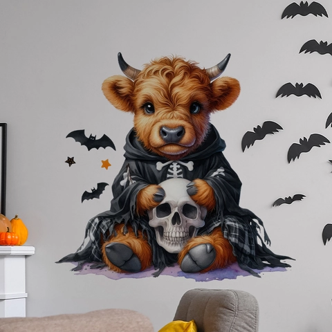 Halloween Hochlandrind Wandaufkleber PVC Selbstklebend Skelett Kostüm Rind Mit Schädel Dekor Für Wohnzimmer Badezimmer Wand