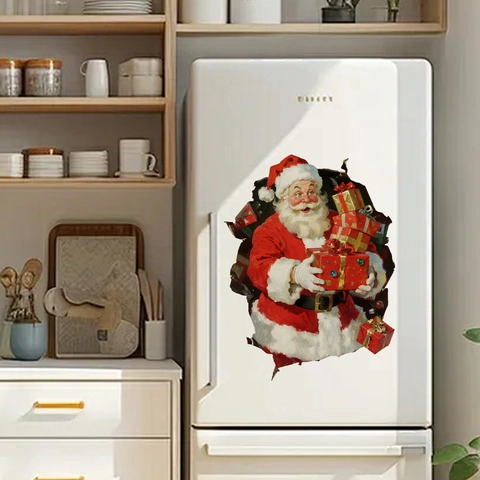 Christmas Santa Claus Wall Sticker 3D Broken Wall Effect PVC Decal Festive Holiday Home Living Room Decoration