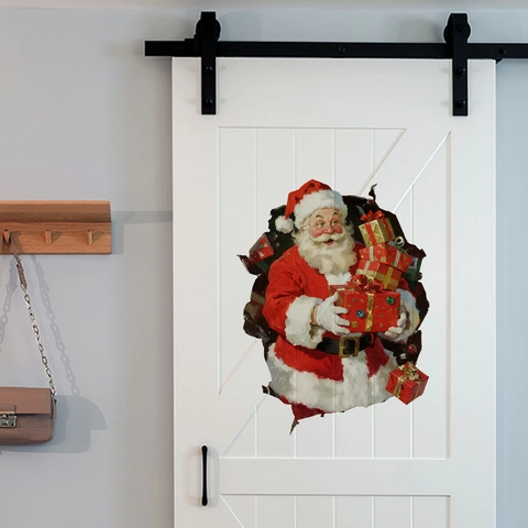 Christmas Santa Claus Wall Sticker 3D Broken Wall Effect PVC Decal Festive Holiday Home Living Room Decoration