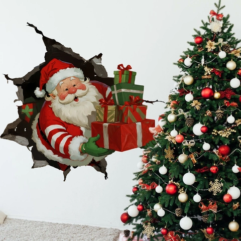 Pegatina De Pared De Papá Noel De Navidad Efecto 3D Pared Rota PVC Autoadhesivo Decoración Festiva Para Sala Y Dormitorio