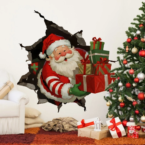 Pegatina De Pared De Papá Noel De Navidad Efecto 3D Pared Rota PVC Autoadhesivo Decoración Festiva Para Sala Y Dormitorio