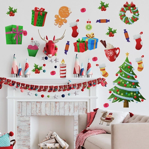 Festliche Weihnachts-Wandaufkleber DIY Weihnachtsbaum Lebkuchenmann Geschenkbox Aufkleber Für Wohnzimmer Schlafzimmer Home Deko