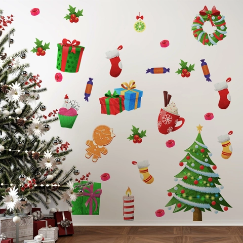 Festliche Weihnachts-Wandaufkleber DIY Weihnachtsbaum Lebkuchenmann Geschenkbox Aufkleber Für Wohnzimmer Schlafzimmer Home Deko