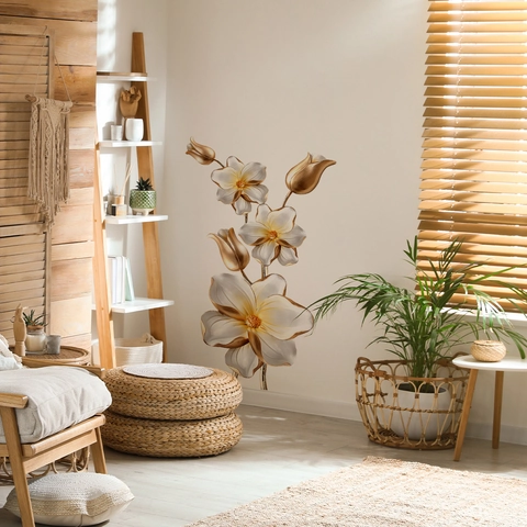 3D Effekt Magnolien Blume Wandaufkleber Modern Gold Weiß Floral Deko Für Schlafzimmer Wohnzimmer Badezimmer Home Dekor