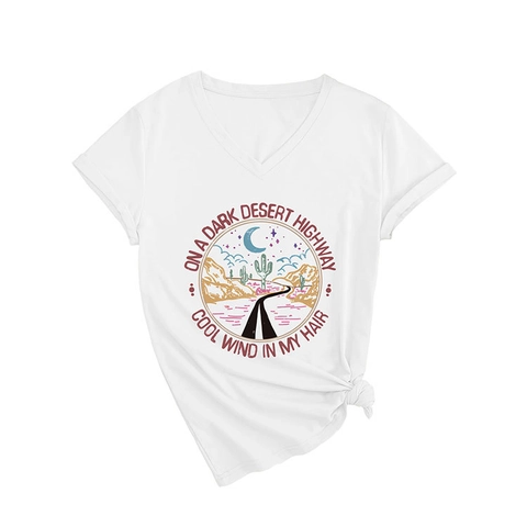 T-Shirt Da Donna Con Scollo A V Misto Cotone Estiva Casual Ampia Stampa Grafica Retro Strada Del Deserto Top A Maniche Corte