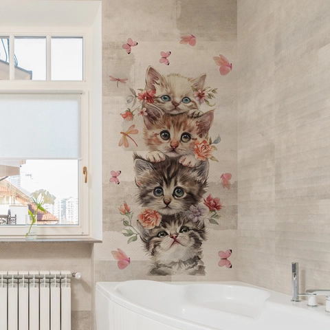 Süße Gestapelte Katzen Blumen Schmetterlinge Wandaufkleber PVC Wasserdicht Selbstklebend Abnehmbar Aquarell Dekore Badezimmer