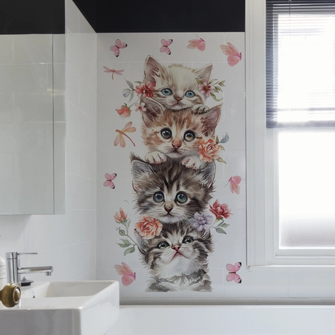 Süße Gestapelte Katzen Blumen Schmetterlinge Wandaufkleber PVC Wasserdicht Selbstklebend Abnehmbar Aquarell Dekore Badezimmer
