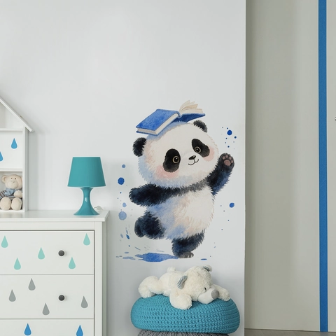 Adesivo da Parete Panda Acquerello Con Libro Blu Dipinto a Mano Animale Cartone Animato Decalcomania Decorativa per Casa