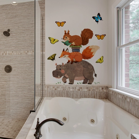 Cartoon Forest Animal Hippo Fox Squirrel Wall Stickers Waterproof PVC DIY Decals For Kids Nursery Room Bedroom Decor