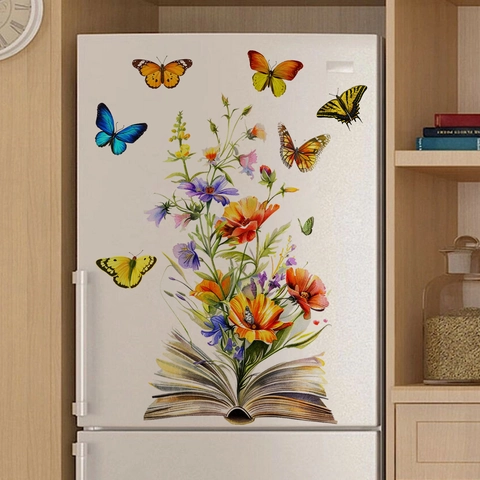 Sticker Mural Livre Ouvert Peint À La Main Bouquet De Fleurs Papillons PVC Auto-adhésif Décoration Chambre