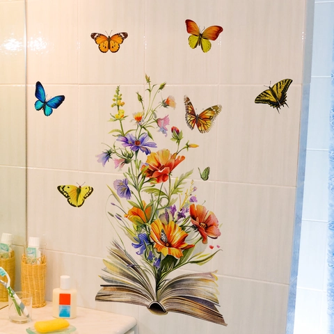 Sticker Mural Livre Ouvert Peint À La Main Bouquet De Fleurs Papillons PVC Auto-adhésif Décoration Chambre