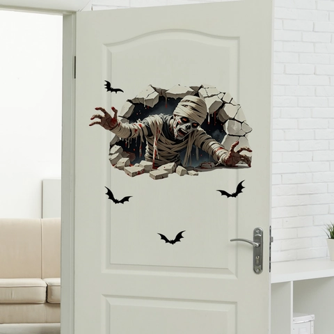Adesivo Da Parete 3D Mummia Parete Rotta Decorazioni Halloween PVC Pipistrelli Decalcomania Per Soggiorno Camera Festa Paura