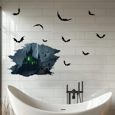 Halloween Wall Sticker PVC 3D Broken Wall Castle Bats Removable Decal For Home Party Holiday Decoration