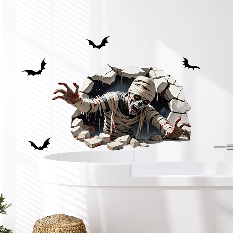 Adesivo Da Parete 3D Mummia Parete Rotta Decorazioni Halloween PVC Pipistrelli Decalcomania Per Soggiorno Camera Festa Paura
