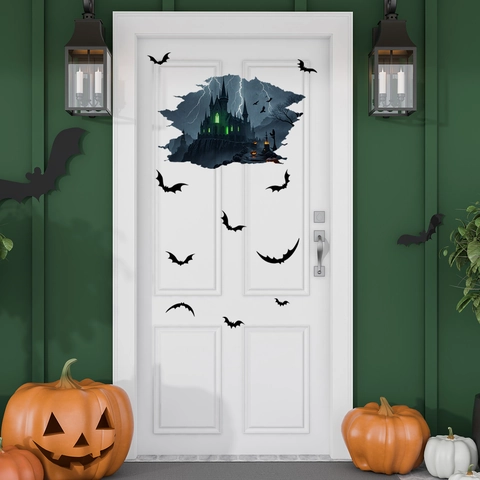 Halloween Wall Sticker PVC 3D Broken Wall Castle Bats Removable Decal For Home Party Holiday Decoration