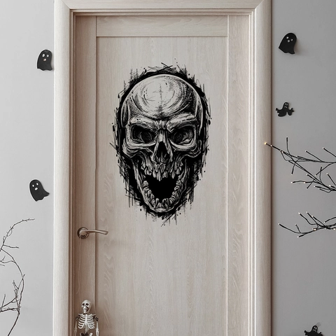Autocollant Mural Crâne Maléfique Gothique Croquis Fait Main PVC Auto-Adhésif Décoration Halloween Imperméable Décalcomanie Maison