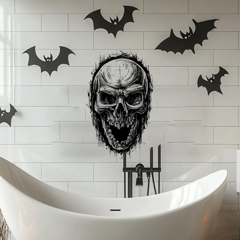 Autocollant Mural Crâne Maléfique Gothique Croquis Fait Main PVC Auto-Adhésif Décoration Halloween Imperméable Décalcomanie Maison