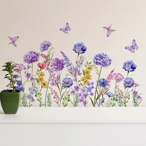 Handgeschilderde Paarse Bloemen Vlinder Muurstickers Aquarel Bloem Groene Bladeren Voor Slaapkamer Decoratie