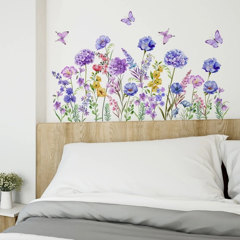 Watercolor Purple Hydrangea Flower And Butterfly Wall Sticker PVC Waterproof Self Adhesive Mural For Living Room Bedroom Decor