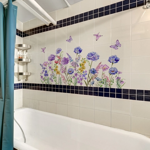 Handgeschilderde Paarse Bloemen Vlinder Muurstickers Aquarel Bloem Groene Bladeren Voor Slaapkamer Decoratie