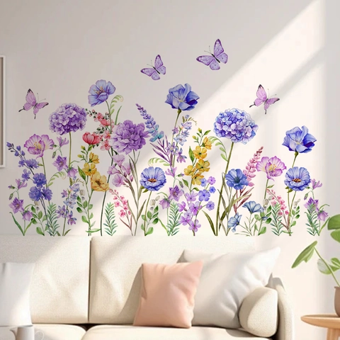 Watercolor Purple Hydrangea Flower And Butterfly Wall Sticker PVC Waterproof Self Adhesive Mural For Living Room Bedroom Decor