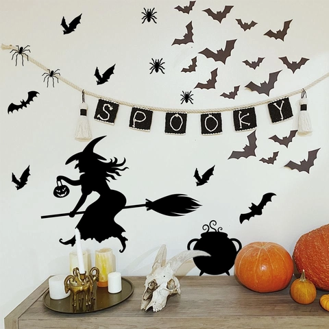 Halloween Wandaufkleber Hexe Auf Besen Fledermäuse Spinnen PVC Abnehmbar Selbstklebend Silhouette Dekoration Party