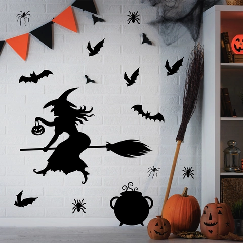Halloween Wandaufkleber Hexe Auf Besen Fledermäuse Spinnen PVC Abnehmbar Selbstklebend Silhouette Dekoration Party