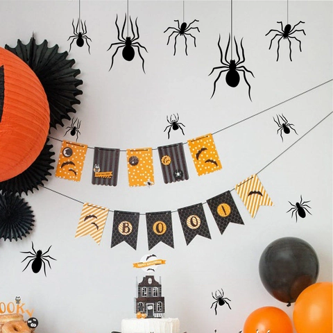 Halloween Wall Stickers PVC Black Spiders Bats Decals Removable Self Adhesive For Living Room Bedroom Party Window Decor