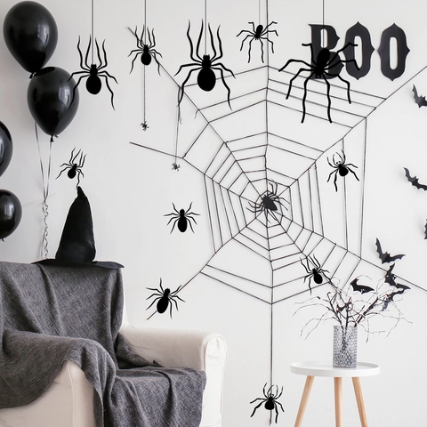 Halloween Wall Stickers PVC Black Spiders Bats Decals Removable Self Adhesive For Living Room Bedroom Party Window Decor