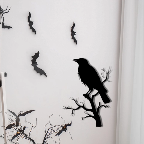 Halloween Crow Raven On Branch Wall Sticker Black PVC Self Adhesive Bat Silhouette Removable Home Decal Decoration