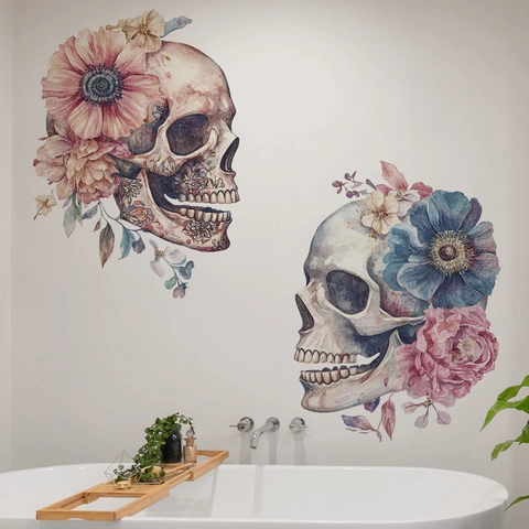 Hand Painted Watercolor Skull Wall Stickers Floral Flower PVC Removable Decals Halloween Gothic Home Art Decor