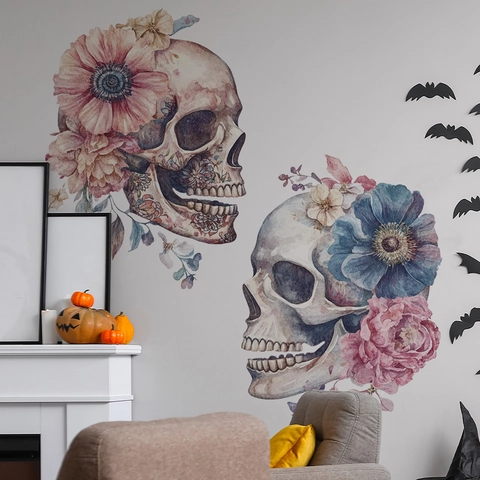 Hand Painted Watercolor Skull Wall Stickers Floral Flower PVC Removable Decals Halloween Gothic Home Art Decor