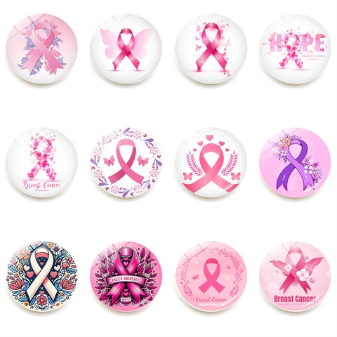Mois de la Sensibilisation au Cancer du Sein Ruban Rose Aimants de Réfrigérateur Rond Verre Aimants Décoratifs pour Maison Cuisine Bureau