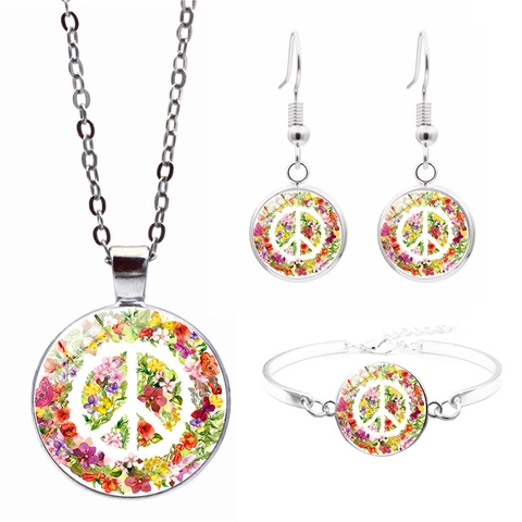 Collana Orecchini Bracciale Bohemienne in Lega Vetro con Segno della Pace Fiori per Donna Gioielli Vintage Hippie Farfalla