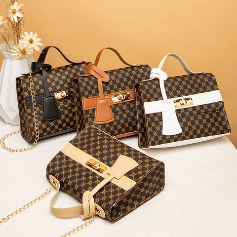 Women's Vintage Monogram Print Small Square Bag With Metal Chain Strap PU Leather Contrast Color Handbag Crossbody Bag