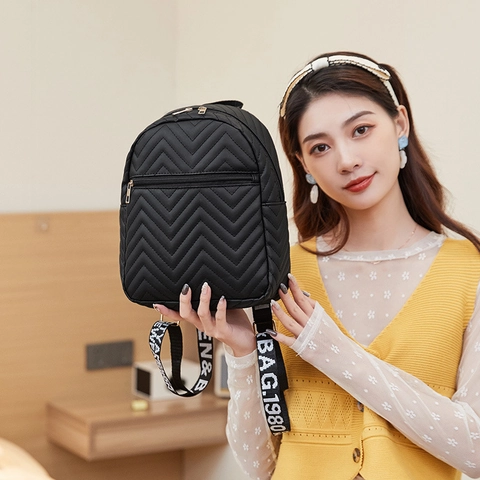 Women Mini Backpack PU Leather Chevron Quilted Letter Printed Webbing Straps Streetwear Casual Fashion Small Daypack