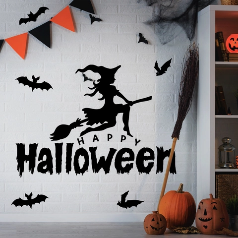 Halloween Muurstickers PVC Heks Op Bezem En Vleermuizen Silhouet Verwijderbare Decals Voor Party Decoratie