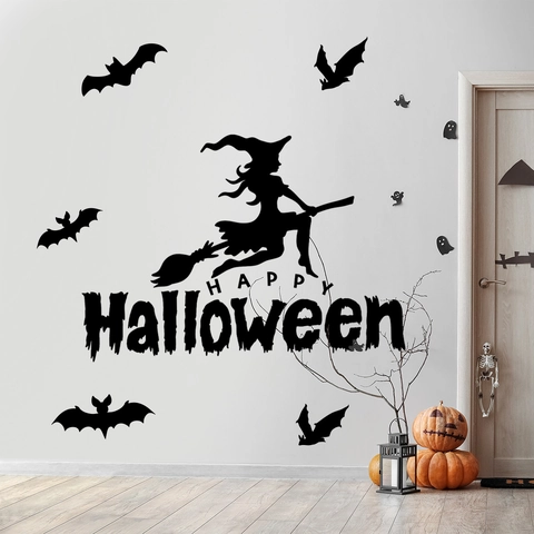 Halloween Muurstickers PVC Heks Op Bezem En Vleermuizen Silhouet Verwijderbare Decals Voor Party Decoratie