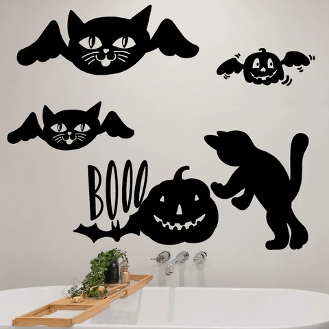 Halloween Wandaufkleber Geflügelte Katze Kürbis Boo Silhouette PVC Vinyl Selbstklebend Abnehmbar Home Party Deko