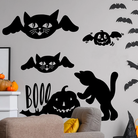 Halloween Wandaufkleber Geflügelte Katze Kürbis Boo Silhouette PVC Vinyl Selbstklebend Abnehmbar Home Party Deko