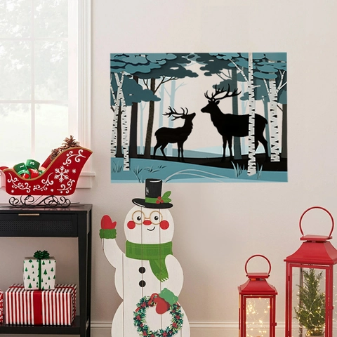 Pegatina de Pared Navidad Silueta Alce de Bosque PVC Nórdico Abedul Arte Calcomanía Para Sala de Estar Dormitorio Decoración