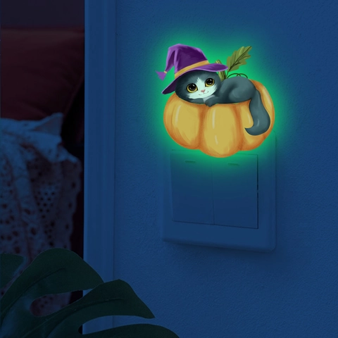 Halloween Glow In The Dark Wall Stickers Luminous Cartoon Cat Pumpkin Witch Hat PVC Decals For Switch Home Decor Festive